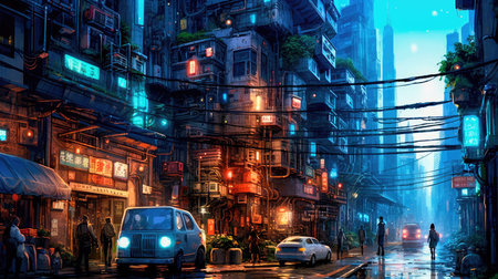 Lovely anime Cyberpunk City Painting, digital painting, night. Generative AIの素材