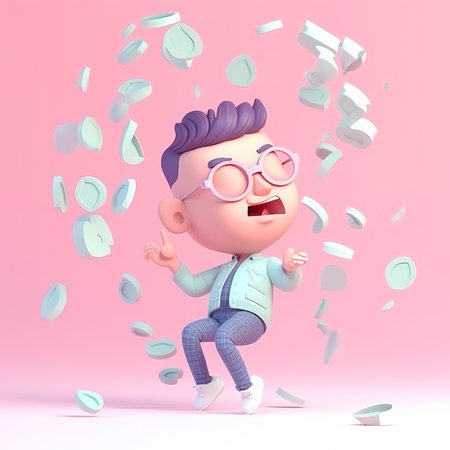 Man trying to grab money falling from the sky, cute character. Generative AIの素材