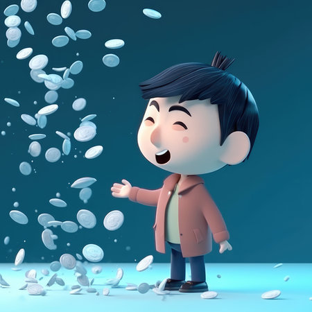 Man trying to grab money falling from the sky, cute character. Generative AIの素材