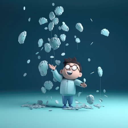 Man trying to grab money falling from the sky, cute character. Generative AIの素材