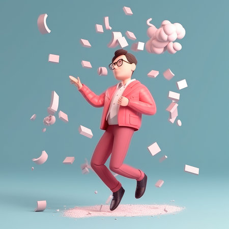 Man trying to grab money falling from the sky, cute character. Generative AIの素材