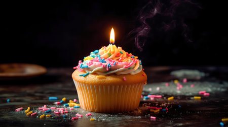 Freshly baked fluffy cupcake with a lighted candle on top, decorated with a smooth and creamy glaze with several small multicolored inclusions on top. Generative AIの素材