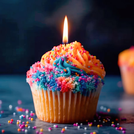 Freshly baked fluffy cupcake with a lighted candle on top, decorated with a smooth and creamy glaze with several small multicolored inclusions on top. Generative AIの素材