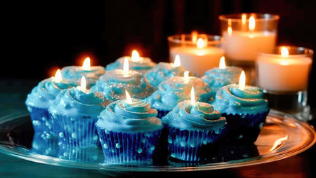 Freshly baked fluffy cupcake with a lighted candle on top, decorated with a smooth and creamy glaze with several small multicolored inclusions on top. Generative AIの素材