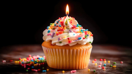 Freshly baked fluffy cupcake with a lighted candle on top, decorated with a smooth and creamy glaze with several small multicolored inclusions on top. Generative AIの素材