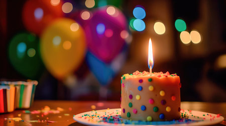 Freshly baked fluffy cupcake with a lighted candle on top, decorated with a smooth and creamy glaze with several small multicolored inclusions on top. Generative AIの素材