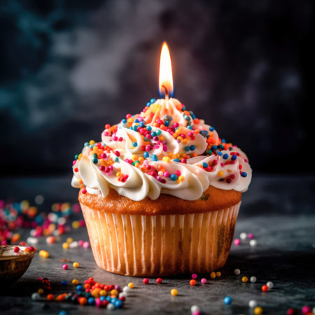 Freshly baked fluffy cupcake with a lighted candle on top, decorated with a smooth and creamy glaze with several small multicolored inclusions on top. Generative AIの素材