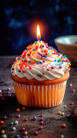 Freshly baked fluffy cupcake with a lighted candle on top, decorated with a smooth and creamy glaze with several small multicolored inclusions on top. Generative AIの素材