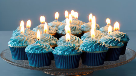 Freshly baked fluffy cupcake with a lighted candle on top, decorated with a smooth and creamy glaze with several small multicolored inclusions on top. Generative AIの素材