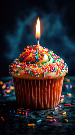 Freshly baked fluffy cupcake with a lighted candle on top, decorated with a smooth and creamy glaze with several small multicolored inclusions on top. Generative AIの素材