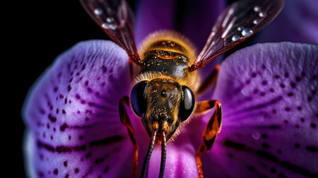 Honey bee pollinating a stunning lavender orchid flower. Generative AIの素材