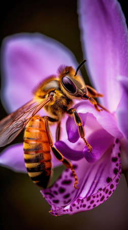 Honey bee pollinating a stunning lavender orchid flower. Generative AIの素材