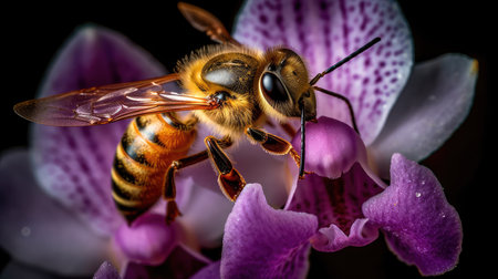 Honey bee pollinating a stunning lavender orchid flower. Generative AIの素材