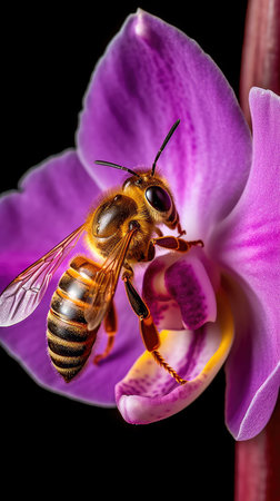 Honey bee pollinating a stunning lavender orchid flower. Generative AIの素材