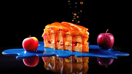 Piece of hot juicy apple pie with vanilla ice cream on top. Incredibly appetizing delicious culinary illustration. Generative AIの素材