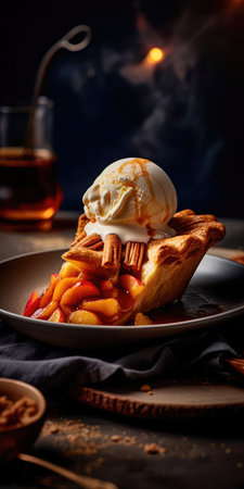 Piece of hot juicy apple pie with vanilla ice cream on top. Incredibly appetizing delicious culinary illustration. Generative AIの素材