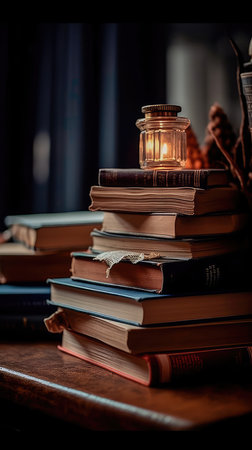 Vintage stack of old books on a wooden table. Generative AIの素材