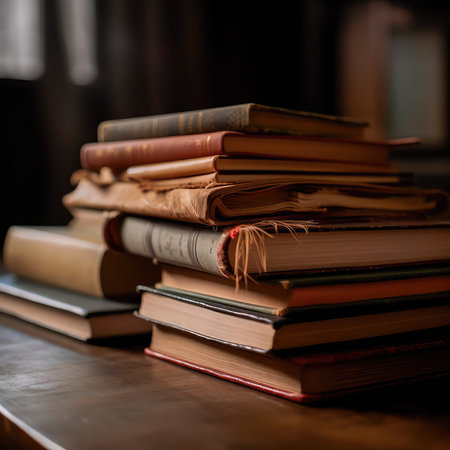 Vintage stack of old books on a wooden table. Generative AIの素材