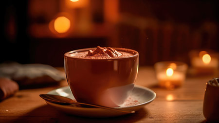 Illustration of a cup of hot chocolate with a blurry environment, creating a cozy atmosphere. Generative AIの素材