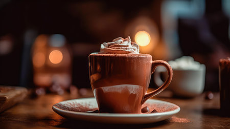 Illustration of a cup of hot chocolate with a blurry environment, creating a cozy atmosphere. Generative AIの素材