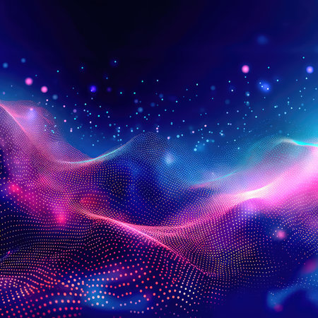 Abstract shiny wave background in purple, pink and blue lights. Digital luxury sparkling wave particles, background streams, digital data flow movement. technological background. Generative AIの素材