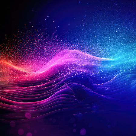 Abstract shiny wave background in purple, pink and blue lights. Digital luxury sparkling wave particles, background streams, digital data flow movement. technological background. Generative AIの素材