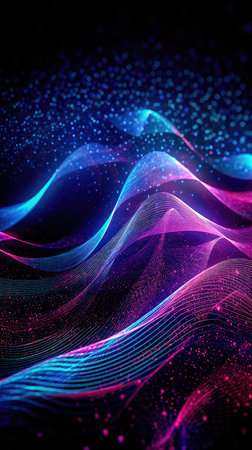 Abstract shiny wave background in purple, pink and blue lights. Digital luxury sparkling wave particles, background streams, digital data flow movement. technological background. Generative AIの素材