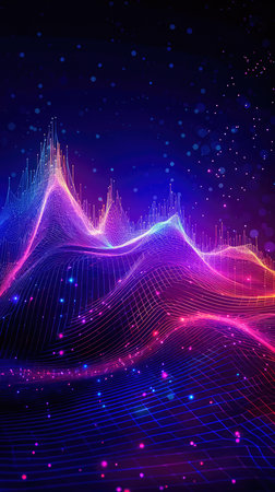 Abstract shiny wave background in purple, pink and blue lights. Digital luxury sparkling wave particles, background streams, digital data flow movement. technological background. Generative AIの素材