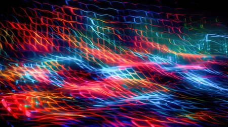 Abstract illustration of a neon light pattern creating a blurry pattern of shapes and colors. Generative AIの素材
