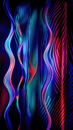 Abstract illustration of a neon light pattern creating a blurry pattern of shapes and colors. Generative AIの素材