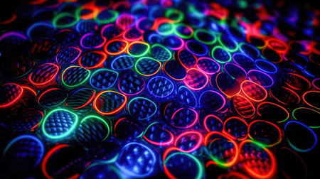 Abstract illustration of a neon light pattern creating a blurry pattern of shapes and colors. Generative AIの素材
