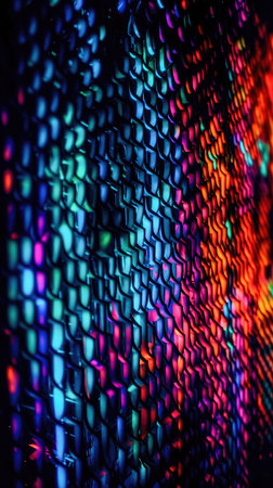 Abstract illustration of a neon light pattern creating a blurry pattern of shapes and colors. Generative AIの素材