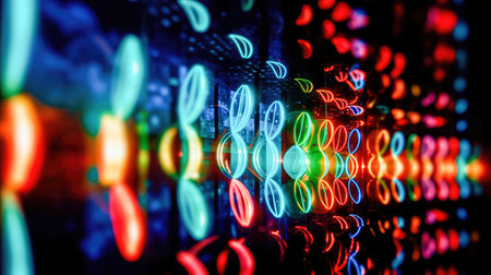 Abstract illustration of a neon light pattern creating a blurry pattern of shapes and colors. Generative AIの素材