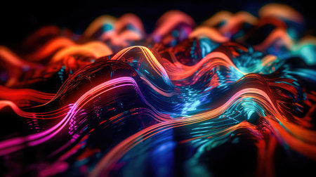 Abstract illustration of a neon light pattern creating a blurry pattern of shapes and colors. Generative AIの素材