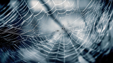 Abstract illustration of a shiny spider web on a colored background, creating a blurry pattern of lines and shapes. Generative AIの素材