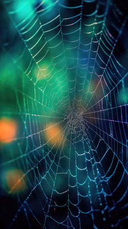 Abstract illustration of a shiny spider web on a colored background, creating a blurry pattern of lines and shapes. Generative AIの素材