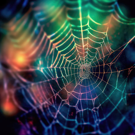 Abstract illustration of a shiny spider web on a colored background, creating a blurry pattern of lines and shapes. Generative AIの素材