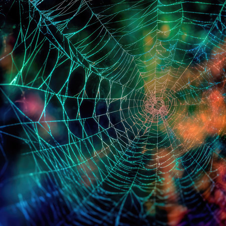 Abstract illustration of a shiny spider web on a colored background, creating a blurry pattern of lines and shapes. Generative AIの素材