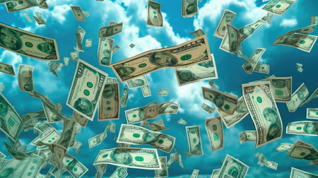 Flying dollars banknotes isolated on a blue background. Money is flying in the air. Money Rain. Generative AIの素材