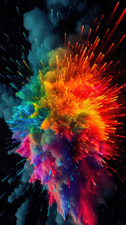 Dynamic multicolored explosions of colors on an isolated black background. Colored abstract background. Generative AIの素材