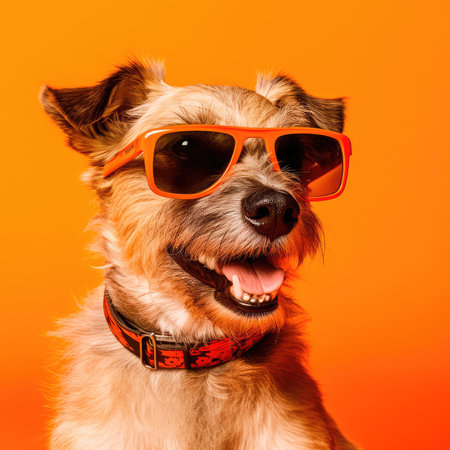 Dog portrait wearing sunglasses on orange background. Generative AIの素材