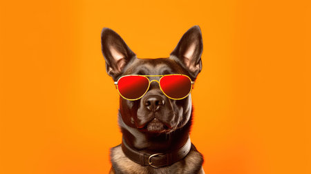Dog portrait wearing sunglasses on orange background. Generative AIの素材