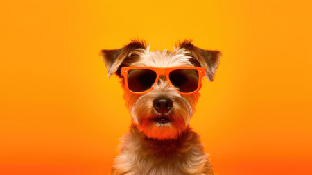 Dog portrait wearing sunglasses on orange background. Generative AIの素材