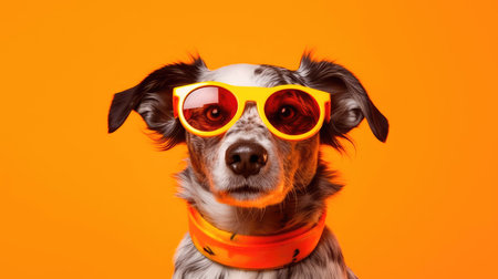 Dog portrait wearing sunglasses on orange background. Generative AIの素材