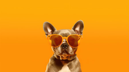 Dog portrait wearing sunglasses on orange background. Generative AIの素材