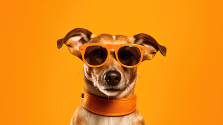 Dog portrait wearing sunglasses on orange background. Generative AIの素材