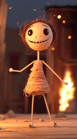 Cute little stick-figure woman made of straw, with little arms and little legs, happy, smiling. Generative AIの素材