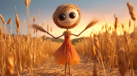 Cute little stick-figure woman made of straw, with little arms and little legs, happy, smiling. Generative AIの素材