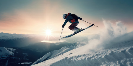 Jumping skier is skiing on the slopes of the mountains. Extreme winter sports in the mountains. Generative AIの素材