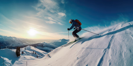 Jumping skier is skiing on the slopes of the mountains. Extreme winter sports in the mountains. Generative AIの素材